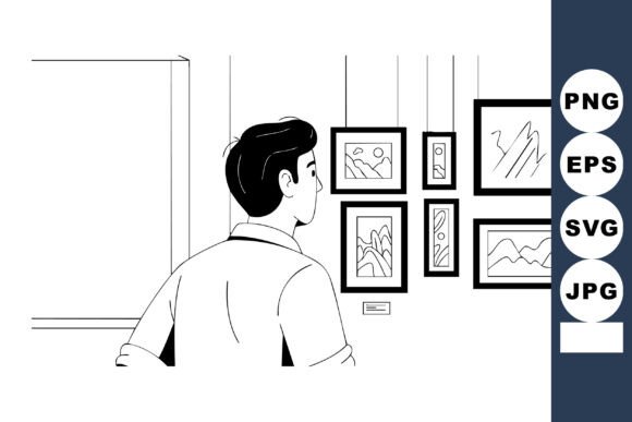Download Man Viewing Framed Art Pieces in Gallery - Premium Bundle